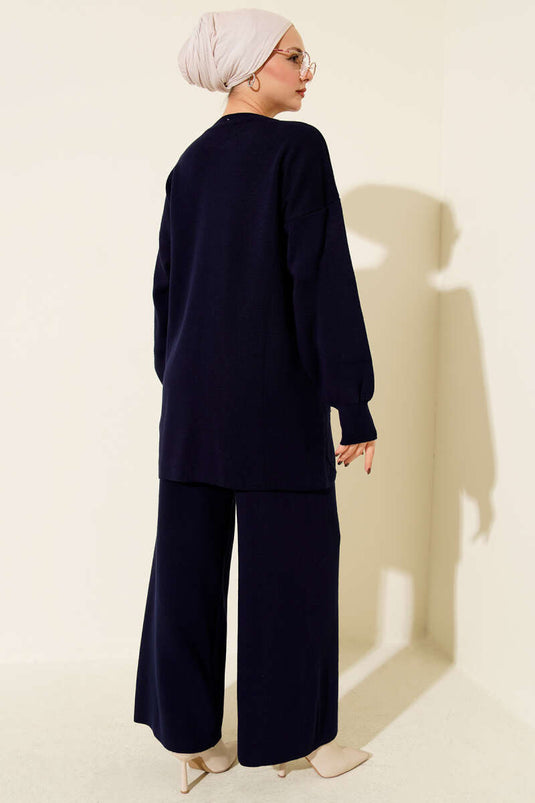 Baklava Kabartma Taşlı Triko İkili Takım Lacivert