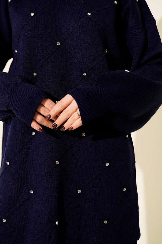 Baklava Kabartma Taşlı Triko İkili Takım Lacivert