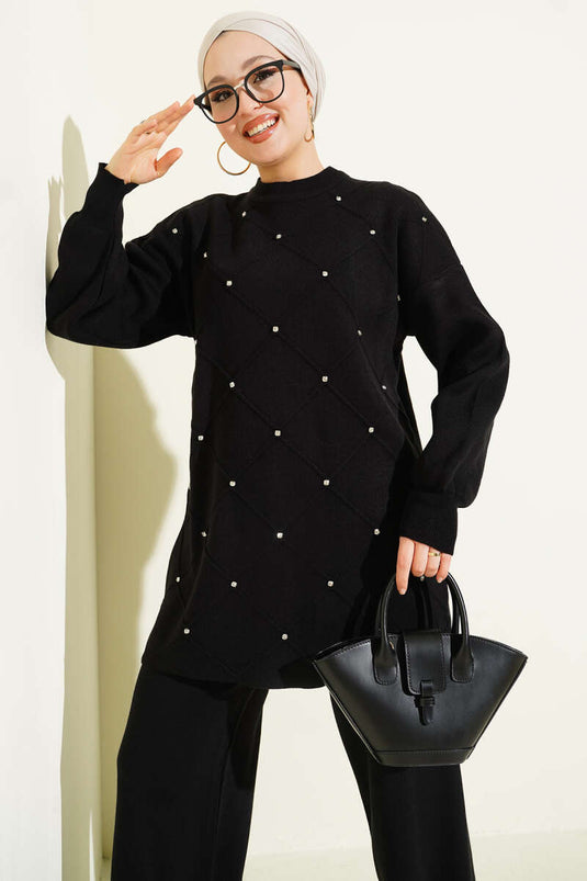 Baklava Embossed Stone Embellished Knit Two-Piece Set, Black