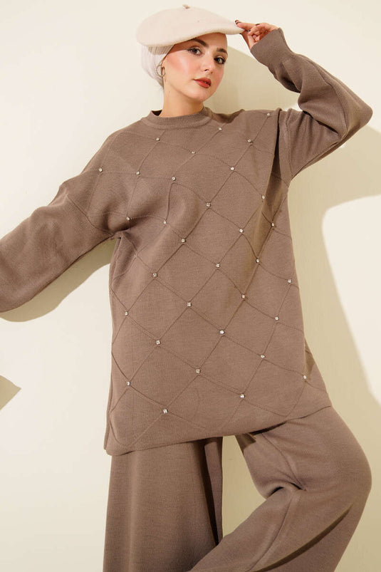 Baklava Embossed Stone Embellished Knit Two-Piece Set, Mink Color