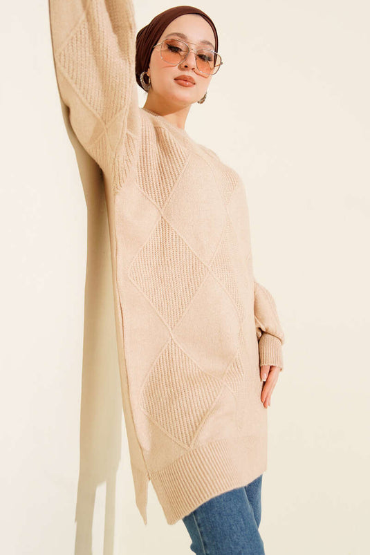 Baklava Embossed Soft Knitwear Tunic Latte