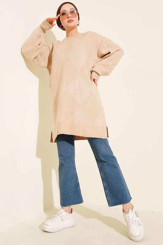 Tunique en maille douce à motif baklava couleur latte