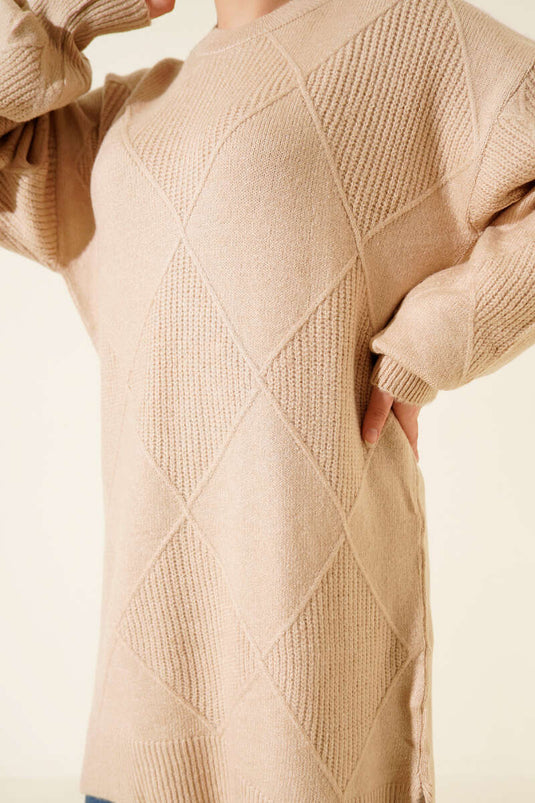 Baklava Embossed Soft Knitwear Tunic Latte