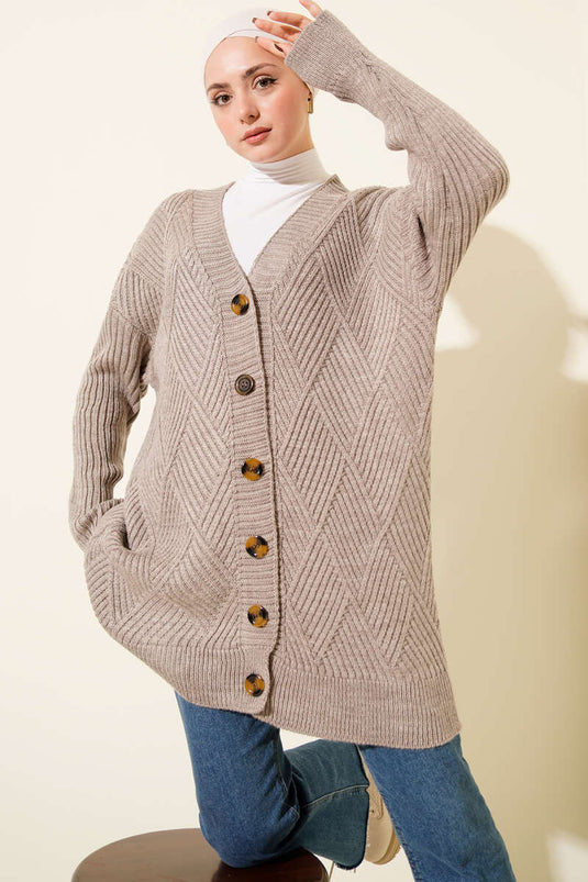 Baklava Kabartmalı Düğmeli Triko Hırka Bej