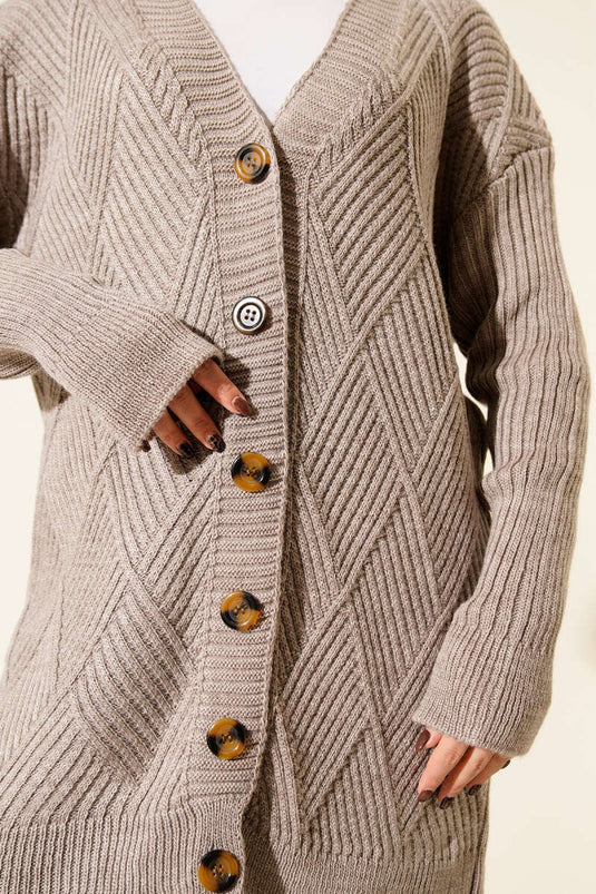 Baklava Kabartmalı Düğmeli Triko Hırka Bej