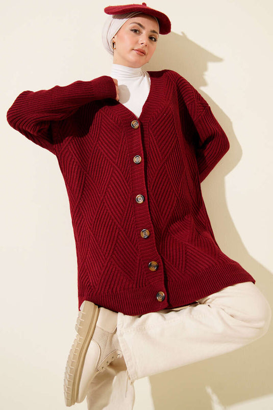 Baklava Patterned Buttoned Knit Cardigan, Burgundy