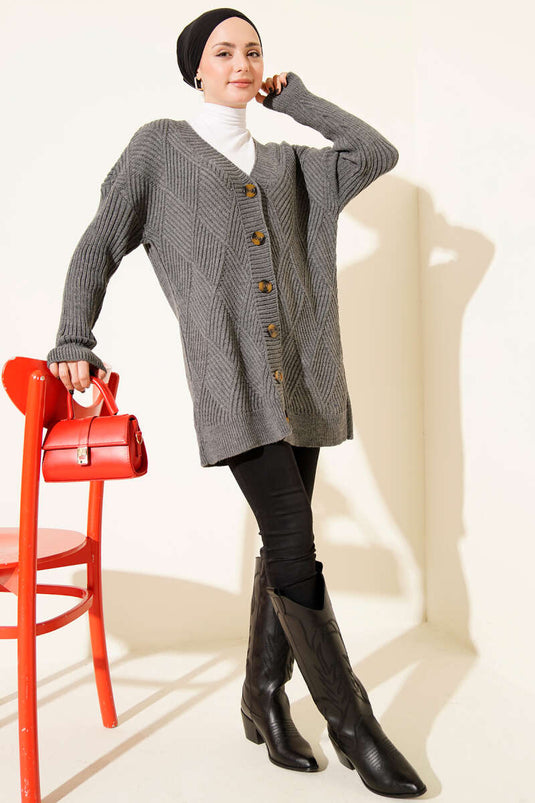 Baklava Patterned Buttoned Knit Cardigan, Smoke Grey