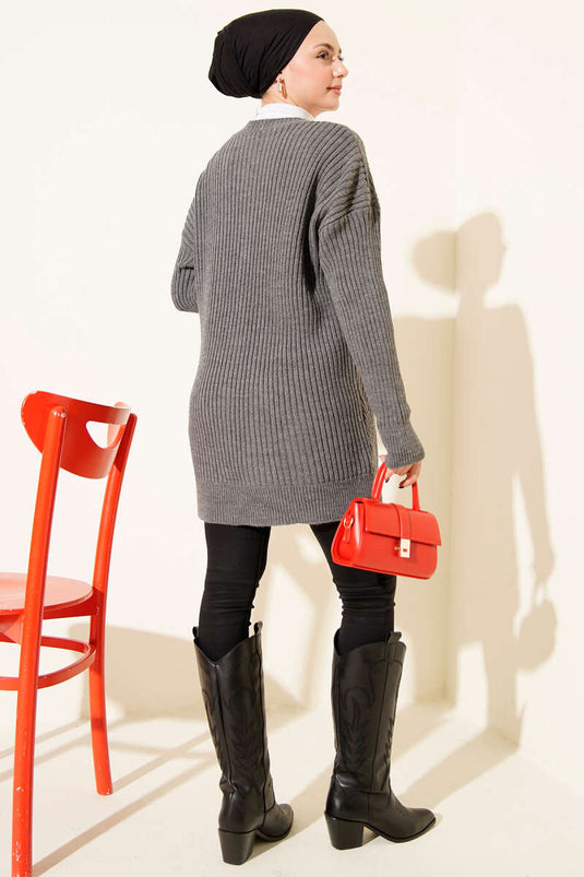 Baklava Patterned Buttoned Knit Cardigan, Smoke Grey