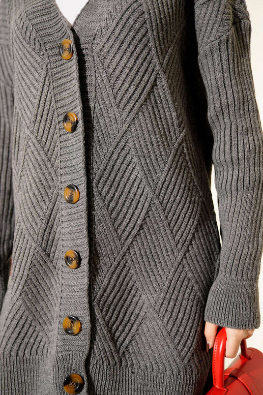 Baklava Patterned Buttoned Knit Cardigan, Smoke Grey
