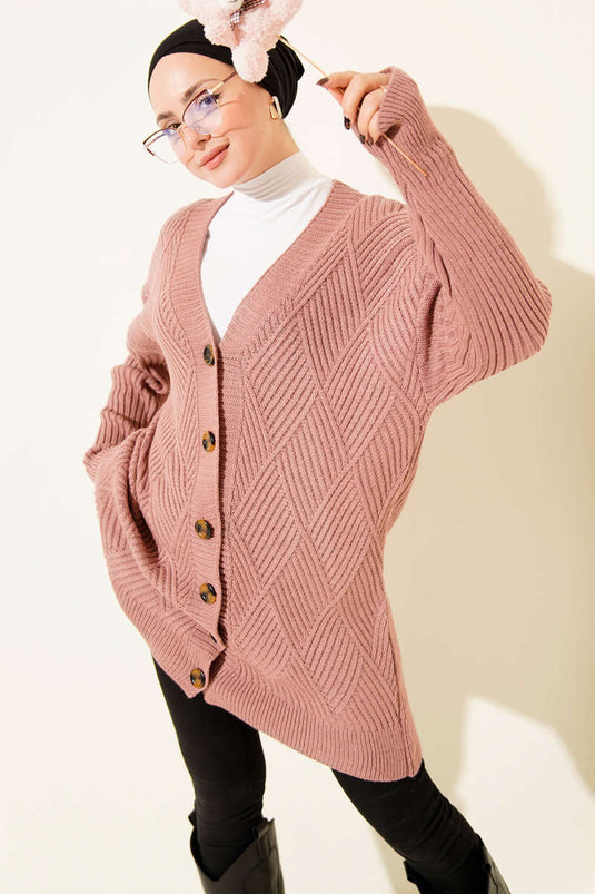 Baklava Patterned Buttoned Knit Cardigan, Rose Pink