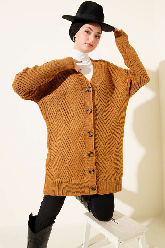 Baklava Kabartmalı Düğmeli Triko Hırka Hardal