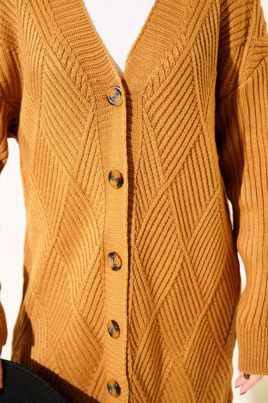 Baklava Kabartmalı Düğmeli Triko Hırka Hardal