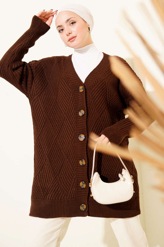 Baklava Kabartmalı Düğmeli Triko Hırka Kahve