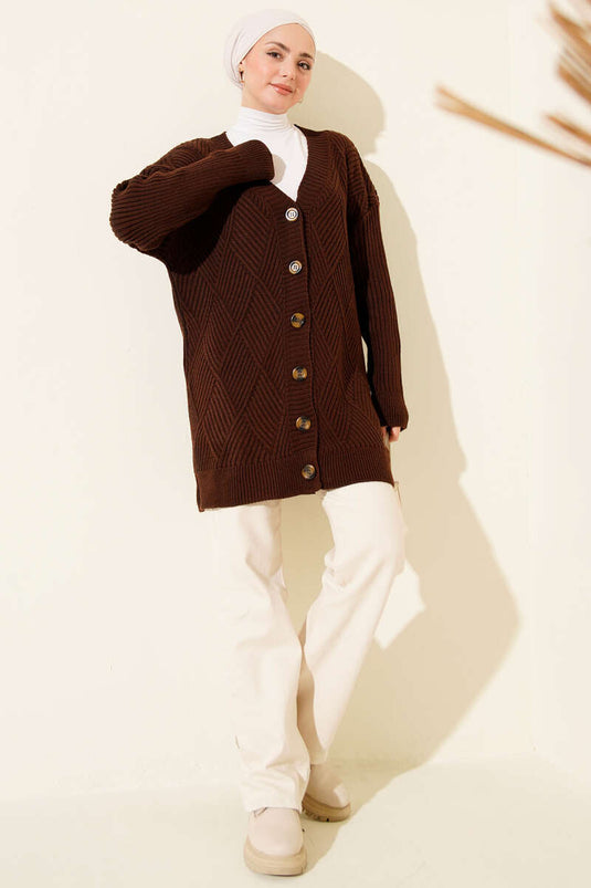 Baklava Kabartmalı Düğmeli Triko Hırka Kahve