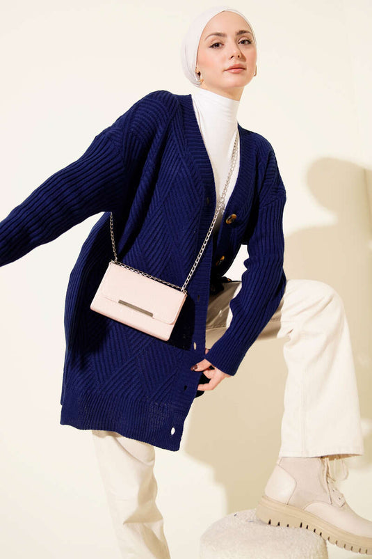 Baklava Kabartmalı Düğmeli Triko Hırka Lacivert