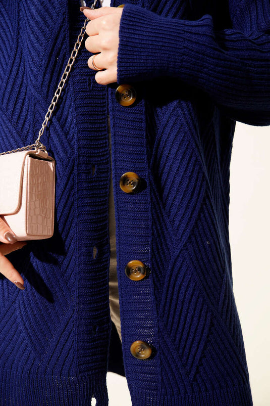 Baklava Kabartmalı Düğmeli Triko Hırka Lacivert