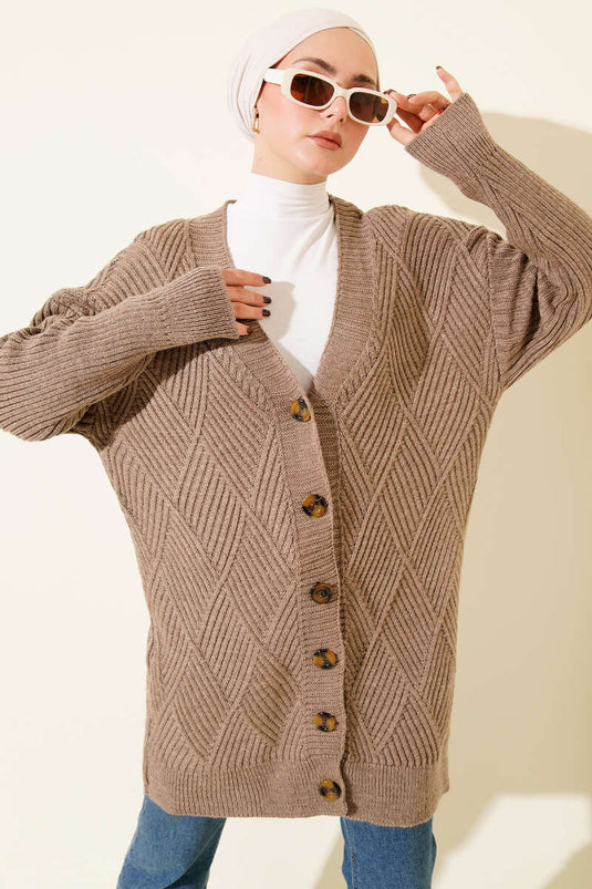 Baklava Kabartmalı Düğmeli Triko Hırka Latte