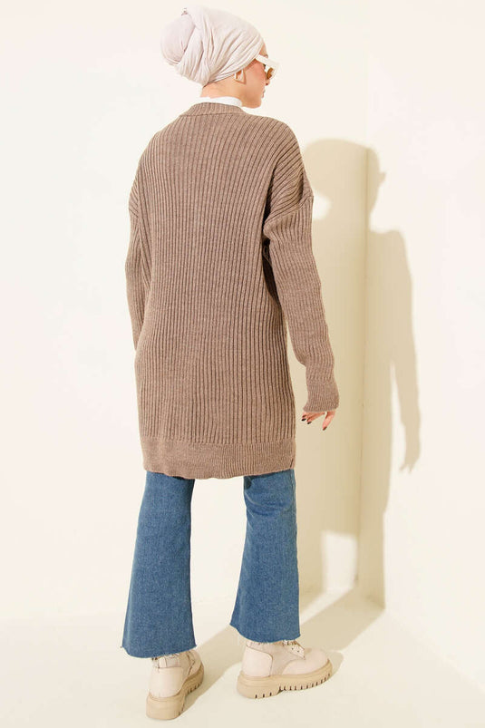 Baklava Kabartmalı Düğmeli Triko Hırka Latte