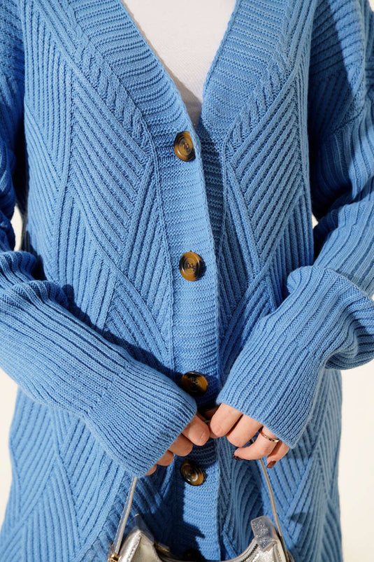 Baklava Kabartmalı Düğmeli Triko Hırka Mavi