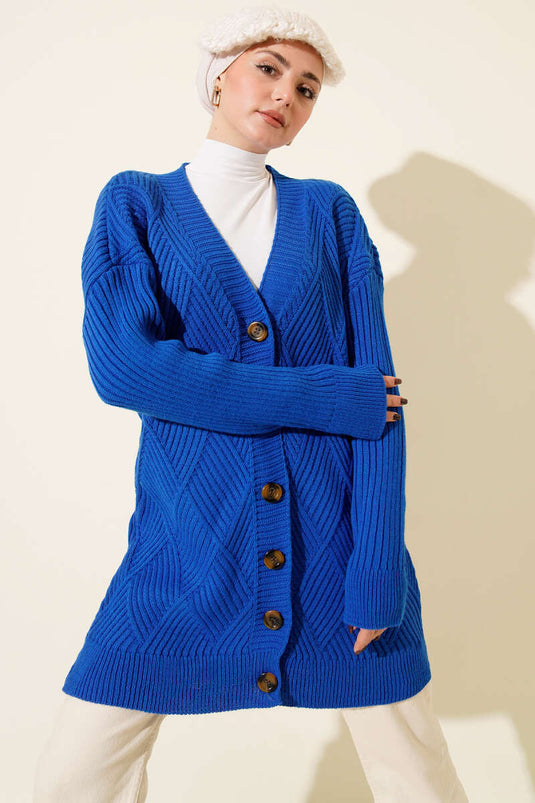 Baklava Kabartmalı Düğmeli Triko Hırka Saks