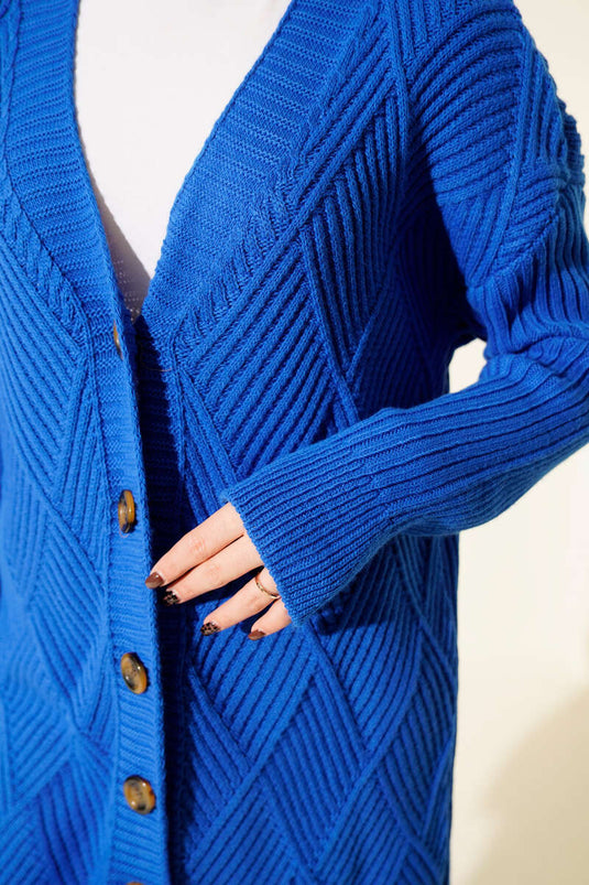 Baklava Kabartmalı Düğmeli Triko Hırka Saks