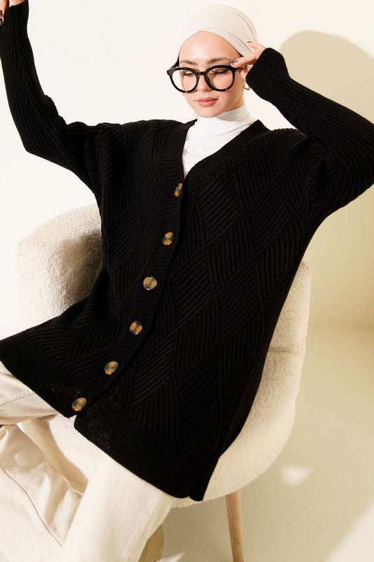 Baklava Kabartmalı Düğmeli Triko Hırka Siyah