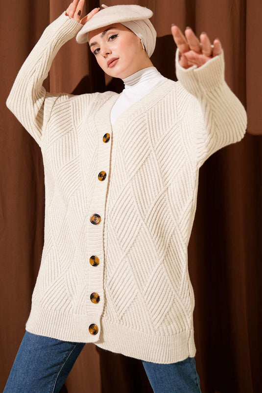 Baklava Kabartmalı Düğmeli Triko Hırka Taş