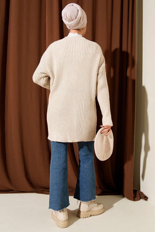 Baklava Kabartmalı Düğmeli Triko Hırka Taş