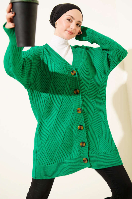 Baklava Kabartmalı Düğmeli Triko Hırka Yeşil