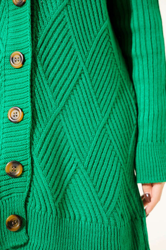 Baklava Kabartmalı Düğmeli Triko Hırka Yeşil