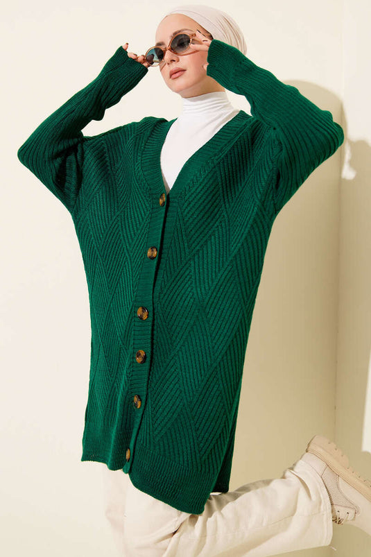 Baklava Kabartmalı Düğmeli Triko Hırka Zümrüt