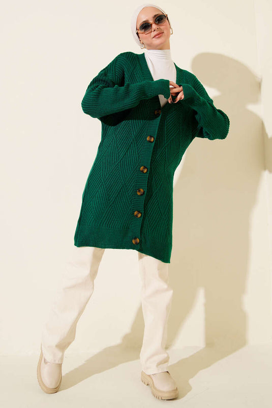 Baklava Kabartmalı Düğmeli Triko Hırka Zümrüt