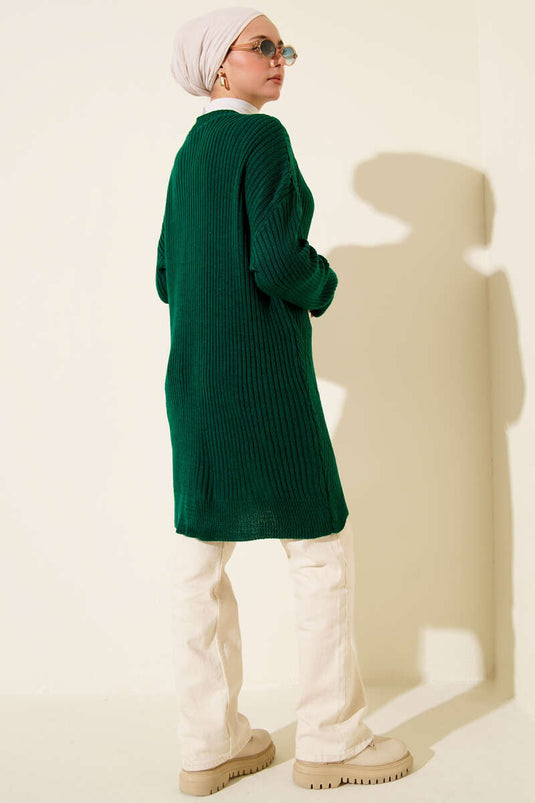 Baklava Kabartmalı Düğmeli Triko Hırka Zümrüt