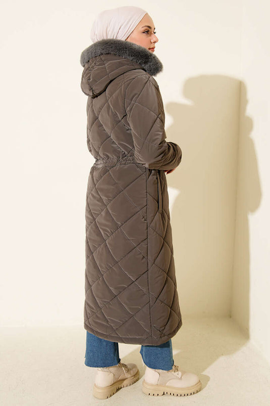 Baklava Quilted Waist Tunnel Long Coat Smoked