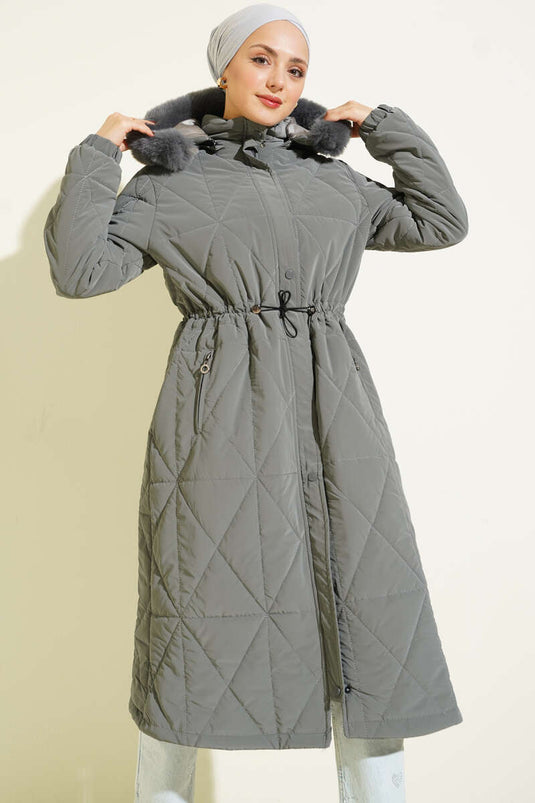 Baklava Quilted Long Coat with Waist Tunnel, Grey