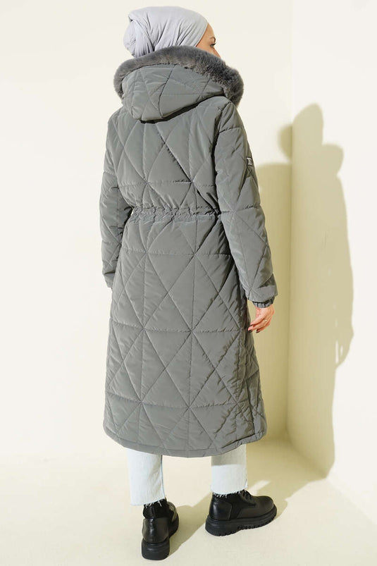 Baklava Quilted Long Coat with Waist Tunnel, Grey
