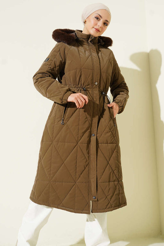 Baklava Quilted Long Coat with Waist Tunnel, Brown