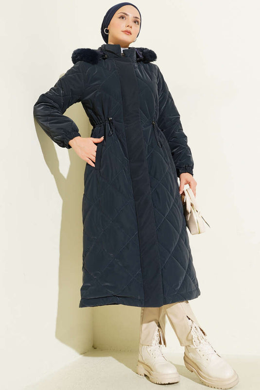 Baklava gewatteerde tailletunnel lange jas marineblauw