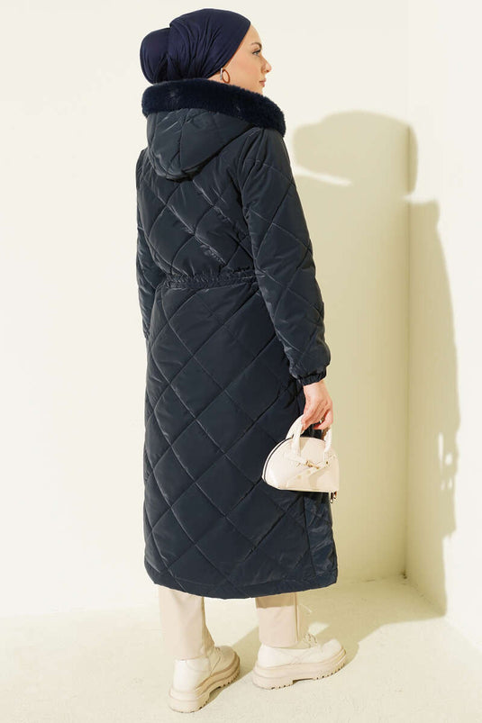 Baklava gewatteerde tailletunnel lange jas marineblauw