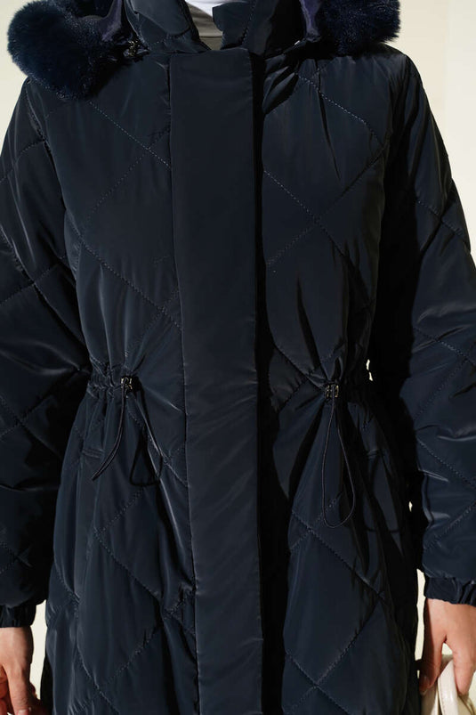 Baklava gewatteerde tailletunnel lange jas marineblauw