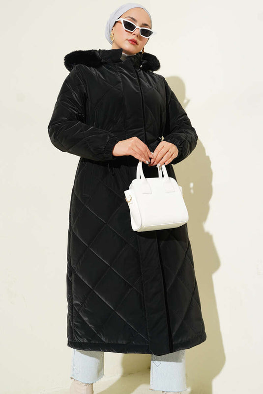 Baklava Quilted Waist Tunnel Long Coat Black