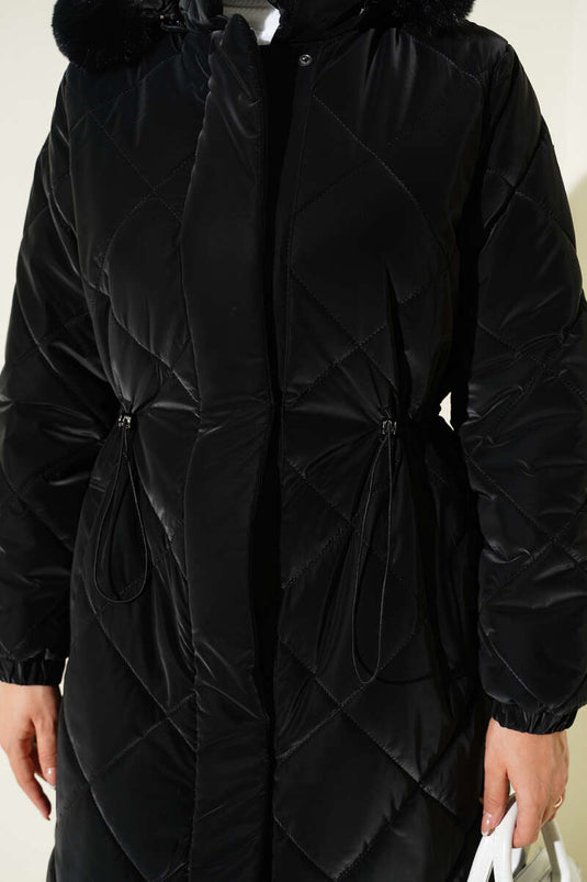 Baklava Quilted Waist Tunnel Long Coat Black