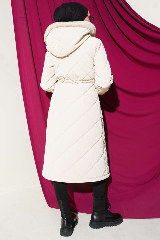 Baklava Kapitone Kapüşonlu Mont Bej