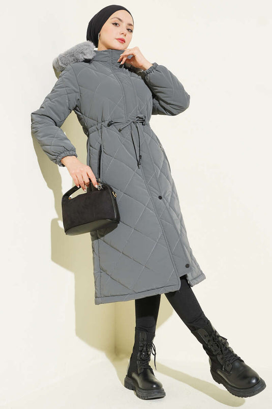 Baklava Kapitone Kapüşonlu Mont Füme