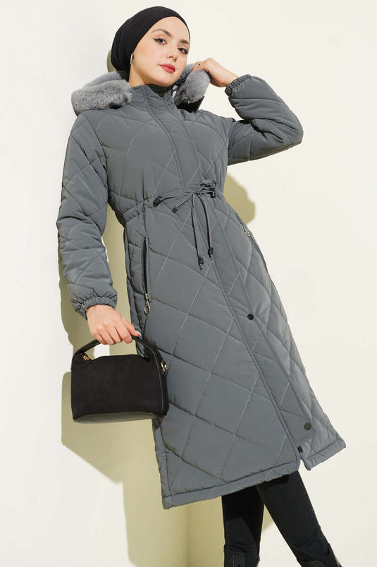 Baklava Kapitone Kapüşonlu Mont Füme