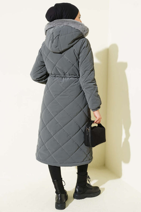 Baklava Kapitone Kapüşonlu Mont Füme