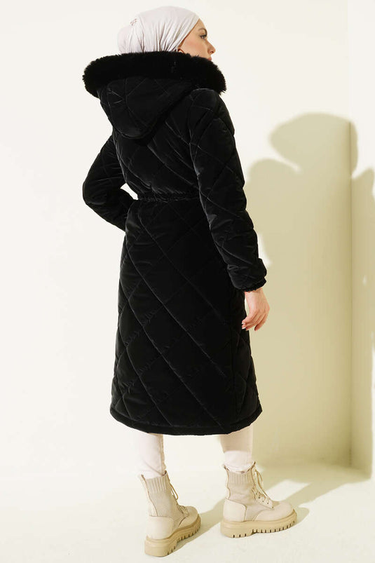 Baklava Kapitone Kapüşonlu Mont Siyah