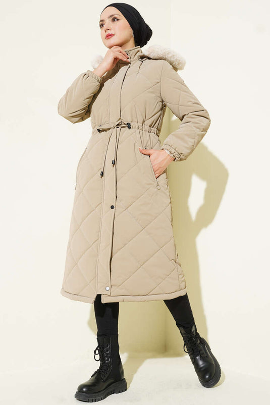 Baklava Kapitone Kapüşonlu Mont Vizon