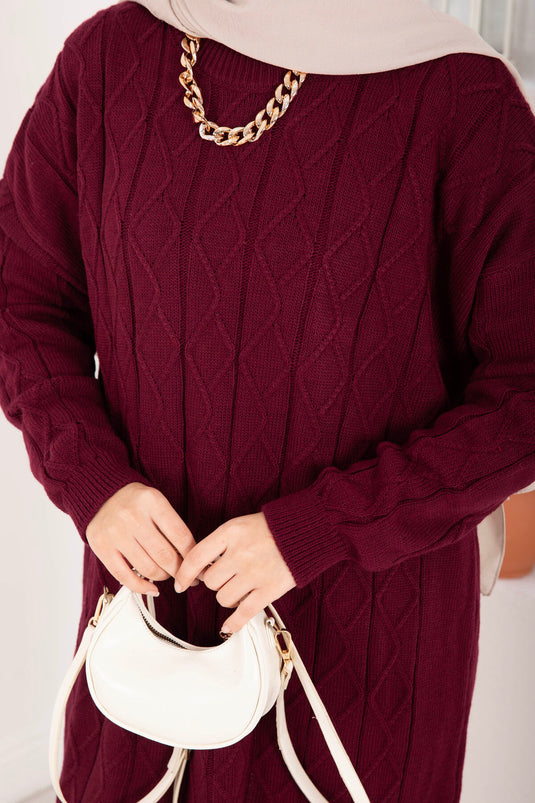 Baklava Örgü Triko Tunik Bordo