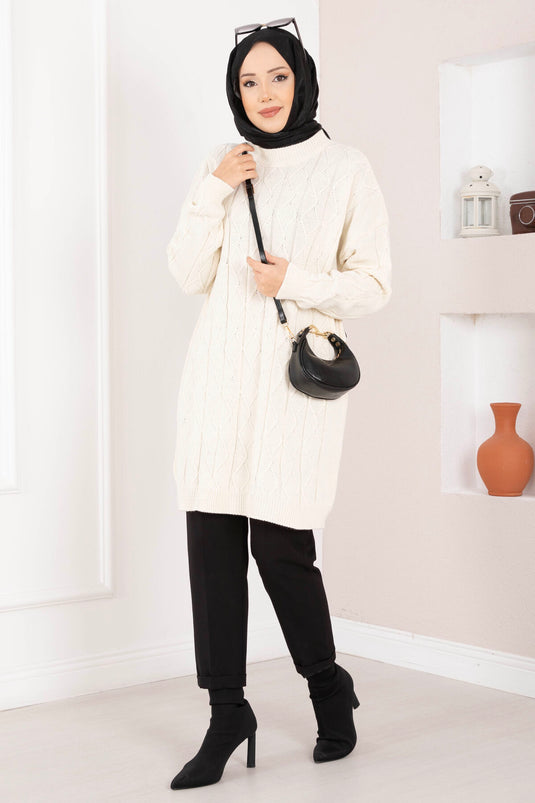 Baklava Örgü Triko Tunik Ekru